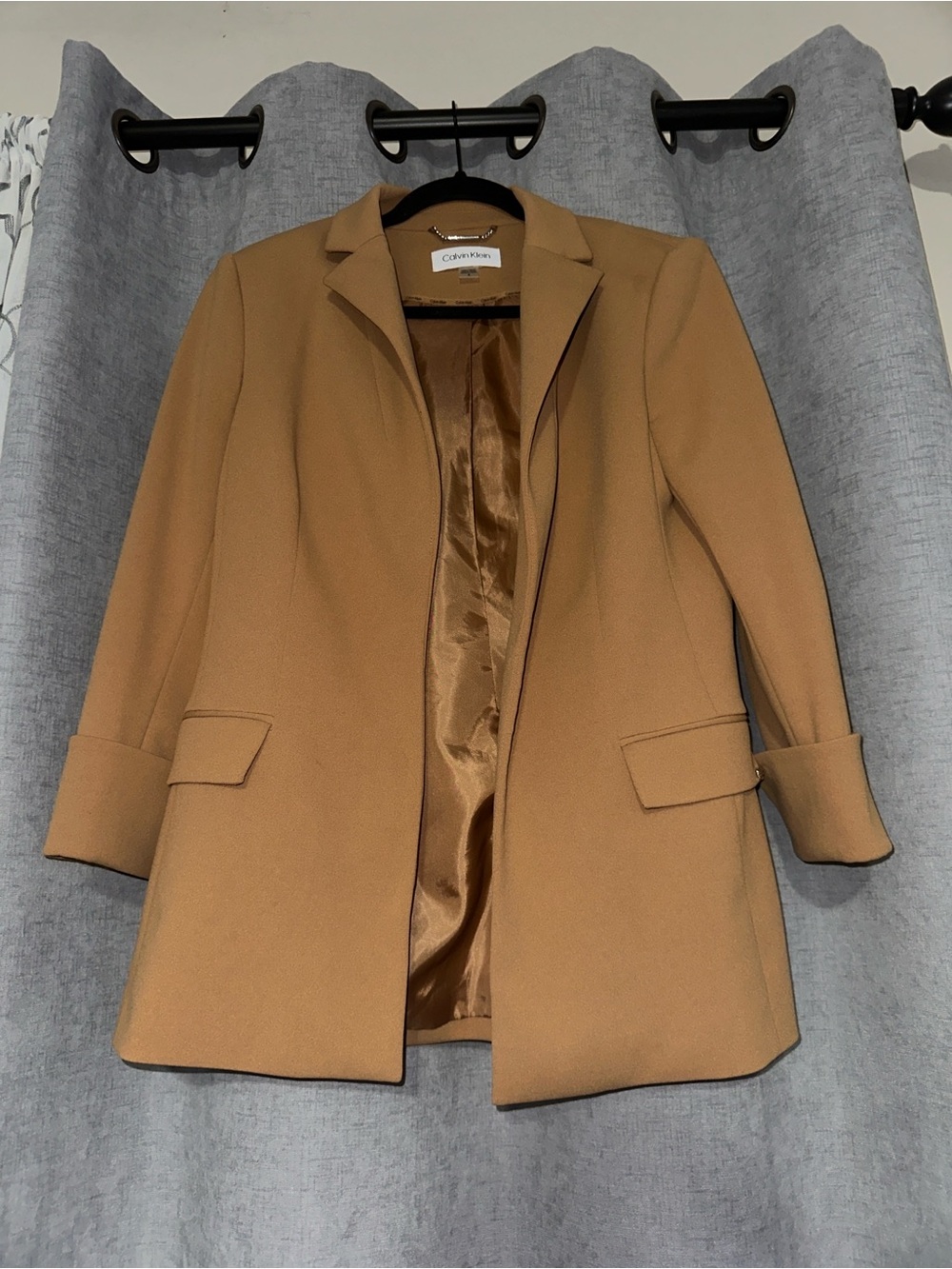 Calvin Klein Camel Open Front Blazer Size 8 Career Office Quiet Luxury Jacket